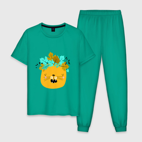 Мужская пижама хлопок с принтом CAT WITH A WREATH OF LEAVES в Тюмени, 100% хлопок | брюки и футболка прямого кроя, без карманов, на брюках мягкая резинка на поясе и по низу штанин
 | венок | забавный | красивый | листья | милый | цветной
