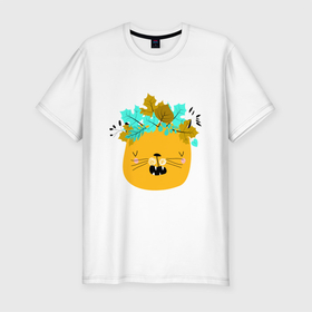 Мужская футболка хлопок Slim с принтом CAT WITH A WREATH OF LEAVES , 92% хлопок, 8% лайкра | приталенный силуэт, круглый вырез ворота, длина до линии бедра, короткий рукав | венок | забавный | красивый | листья | милый | цветной