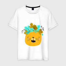 Мужская футболка хлопок с принтом CAT WITH A WREATH OF LEAVES в Екатеринбурге, 100% хлопок | прямой крой, круглый вырез горловины, длина до линии бедер, слегка спущенное плечо. | венок | забавный | красивый | листья | милый | цветной