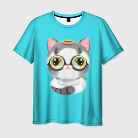 Мужская футболка 3D с принтом CAT IN A HAT в Санкт-Петербурге, 100% полиэфир | прямой крой, круглый вырез горловины, длина до линии бедер | Тематика изображения на принте: домашнее | животное | забавный | милый | полосатый хвост | шляпа