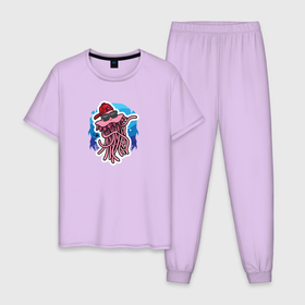 Мужская пижама хлопок с принтом милый  осьминог в Тюмени, 100% хлопок | брюки и футболка прямого кроя, без карманов, на брюках мягкая резинка на поясе и по низу штанин
 | Тематика изображения на принте: кальмар | лето | море | океан | осьминог