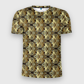 Мужская футболка 3D Slim с принтом Золотые узоры Gold в Белгороде, 100% полиэстер с улучшенными характеристиками | приталенный силуэт, круглая горловина, широкие плечи, сужается к линии бедра | abstract | бутоны | геометрия | линии | паттерн | текстура | узор | узоры | цветы