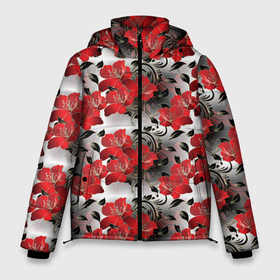 Мужская зимняя куртка 3D с принтом Красные абстрактные цветы в Петрозаводске, верх — 100% полиэстер; подкладка — 100% полиэстер; утеплитель — 100% полиэстер | длина ниже бедра, свободный силуэт Оверсайз. Есть воротник-стойка, отстегивающийся капюшон и ветрозащитная планка. 

Боковые карманы с листочкой на кнопках и внутренний карман на молнии. | abstract | бутоны | геометрия | линии | паттерн | текстура | узор | узоры | цветы