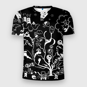 Мужская футболка 3D Slim с принтом Музыкальное древо в Екатеринбурге, 100% полиэстер с улучшенными характеристиками | приталенный силуэт, круглая горловина, широкие плечи, сужается к линии бедра | грибы | дерево | динамики | звезды | колонки | мел | музыка | нло | патерны | поп | разные | разные рисунки | рисунки | рок | текстуры | уфо | черно белое