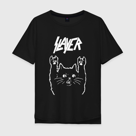 Мужская футболка хлопок Oversize с принтом Slayer Рок кот в Новосибирске, 100% хлопок | свободный крой, круглый ворот, “спинка” длиннее передней части | Тематика изображения на принте: music | rock | slayer | музыка | рок | рок кот | роккот | слеер | слэер | слэйер