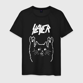Мужская футболка хлопок с принтом Slayer Рок кот в Новосибирске, 100% хлопок | прямой крой, круглый вырез горловины, длина до линии бедер, слегка спущенное плечо. | music | rock | slayer | музыка | рок | рок кот | роккот | слеер | слэер | слэйер