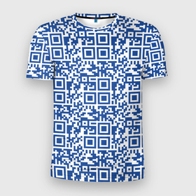Мужская футболка 3D Slim с принтом QR код паттерн синий в Белгороде, 100% полиэстер с улучшенными характеристиками | приталенный силуэт, круглая горловина, широкие плечи, сужается к линии бедра | Тематика изображения на принте: qr код | куар код | кьюар код | паттерн | синий | узор
