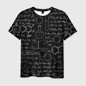 Мужская футболка 3D с принтом Химия  формулы в Тюмени, 100% полиэфир | прямой крой, круглый вырез горловины, длина до линии бедер | 3d | 3д | мелом | надписи | патерны | роспись | символы | текст | текстуры | уроки | формулы | химия | черно   белое | школа