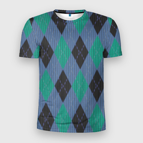Мужская футболка 3D Slim с принтом стильный принт с ромбами в Новосибирске, 100% полиэстер с улучшенными характеристиками | приталенный силуэт, круглая горловина, широкие плечи, сужается к линии бедра | black | blue | english fabric | gray | knitted | knitted print | knitting | light blue | rhombus | rhombus print | white | английская ткань | белый | вязанный | вязанный принт | вязка | геометрия | принт с ромбами | ромб | серый | синий | черный