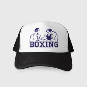 Кепка тракер с сеткой с принтом Бокс (Boxing is cool) в Кировске, трикотажное полотно; задняя часть — сетка | длинный козырек, универсальный размер, пластиковая застежка | battle | box | boxer | boxing | champion | club | fight | fighter | fit | fitness | gym | kickboxing | lifestyle | man | mma | retro | ring | sport | strong | vintage | боец | боксер | боксерский клуб | винтаж | кикбоксинг | мма | мужчина | поединок | рет