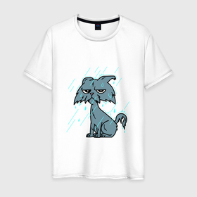 Мужская футболка хлопок с принтом CAT IN THE RAIN в Новосибирске, 100% хлопок | прямой крой, круглый вырез горловины, длина до линии бедер, слегка спущенное плечо. | Тематика изображения на принте: вода | дождливый день | домашнее животное | забавный | красочный | милый | погода