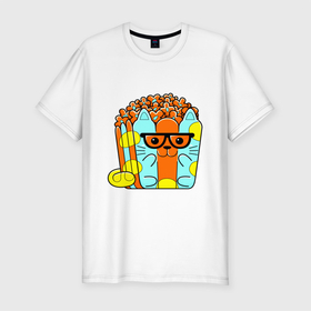 Мужская футболка хлопок Slim с принтом CAT POPCORN в Тюмени, 92% хлопок, 8% лайкра | приталенный силуэт, круглый вырез ворота, длина до линии бедра, короткий рукав | Тематика изображения на принте: домашнее животное | еда | животное | забавный | милый | очаровательная | попкорн