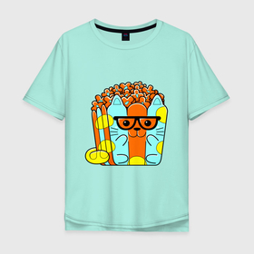 Мужская футболка хлопок Oversize с принтом CAT POPCORN в Петрозаводске, 100% хлопок | свободный крой, круглый ворот, “спинка” длиннее передней части | домашнее животное | еда | животное | забавный | милый | очаровательная | попкорн