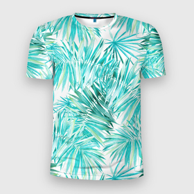 Мужская футболка 3D Slim с принтом Листья Пальмы Нарисованные Акварелью в Белгороде, 100% полиэстер с улучшенными характеристиками | приталенный силуэт, круглая горловина, широкие плечи, сужается к линии бедра | jungles | palm | palm tree | summer | акварель | букет | деревья | джунгли | лето | листья | пальма | природа | растение | флора