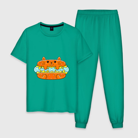 Мужская пижама хлопок с принтом CATS HOT DOG в Петрозаводске, 100% хлопок | брюки и футболка прямого кроя, без карманов, на брюках мягкая резинка на поясе и по низу штанин
 | Тематика изображения на принте: булочка | животное | забавный | красиво | сосиска | цвет