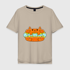 Мужская футболка хлопок Oversize с принтом CATS HOT DOG , 100% хлопок | свободный крой, круглый ворот, “спинка” длиннее передней части | булочка | животное | забавный | красиво | сосиска | цвет