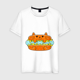 Мужская футболка хлопок с принтом CATS HOT DOG в Курске, 100% хлопок | прямой крой, круглый вырез горловины, длина до линии бедер, слегка спущенное плечо. | Тематика изображения на принте: булочка | животное | забавный | красиво | сосиска | цвет