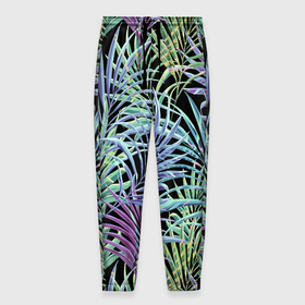Мужские брюки 3D с принтом Разноцветные Листья Пальм В Ночных Джунглях в Белгороде, 100% полиэстер | манжеты по низу, эластичный пояс регулируется шнурком, по бокам два кармана без застежек, внутренняя часть кармана из мелкой сетки | Тематика изображения на принте: jungles | palm | palm tree | summer | акварель | букет | деревья | джунгли | лето | листья | ночь | пальма | природа | растение | флора