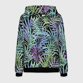 Мужская толстовка 3D с принтом Разноцветные Листья Пальм В Ночных Джунглях , 100% полиэстер | двухслойный капюшон со шнурком для регулировки, мягкие манжеты на рукавах и по низу толстовки, спереди карман-кенгуру с мягким внутренним слоем. | Тематика изображения на принте: jungles | palm | palm tree | summer | акварель | букет | деревья | джунгли | лето | листья | ночь | пальма | природа | растение | флора