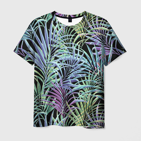 Мужская футболка 3D с принтом Разноцветные Листья Пальм В Ночных Джунглях в Белгороде, 100% полиэфир | прямой крой, круглый вырез горловины, длина до линии бедер | Тематика изображения на принте: jungles | palm | palm tree | summer | акварель | букет | деревья | джунгли | лето | листья | ночь | пальма | природа | растение | флора