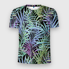 Мужская футболка 3D Slim с принтом Разноцветные Листья Пальм В Ночных Джунглях в Белгороде, 100% полиэстер с улучшенными характеристиками | приталенный силуэт, круглая горловина, широкие плечи, сужается к линии бедра | jungles | palm | palm tree | summer | акварель | букет | деревья | джунгли | лето | листья | ночь | пальма | природа | растение | флора