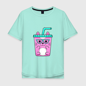 Мужская футболка хлопок Oversize с принтом CAT COCKTAIL в Белгороде, 100% хлопок | свободный крой, круглый ворот, “спинка” длиннее передней части | домашний | животное | забавный | коктейль | милый