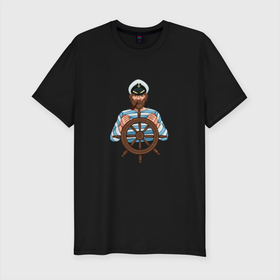 Мужская футболка хлопок Slim с принтом Моряк за штурвалом в Екатеринбурге, 92% хлопок, 8% лайкра | приталенный силуэт, круглый вырез ворота, длина до линии бедра, короткий рукав | для моряка | морское | моряк | моряк за штурвалом | штурвал