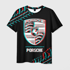 Мужская футболка 3D с принтом Значок Porsche в стиле Glitch на темном фоне в Петрозаводске, 100% полиэфир | прямой крой, круглый вырез горловины, длина до линии бедер | auto | brand | glitch | logo | porsche | symbol | авто | бренд | глитч | значок | лого | огонь | пламя | порш | порше | символ