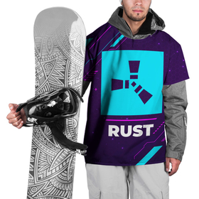 Накидка на куртку 3D с принтом Символ Rust в неоновых цветах на темном фоне в Новосибирске, 100% полиэстер |  | logo | neon | rust | игра | игры | краска | лого | логотип | неон | раст | символ