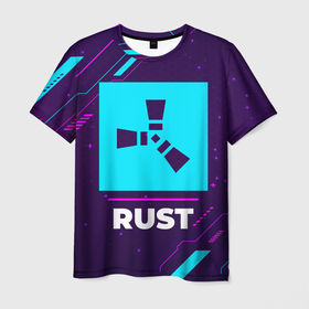 Мужская футболка 3D с принтом Символ Rust в неоновых цветах на темном фоне в Екатеринбурге, 100% полиэфир | прямой крой, круглый вырез горловины, длина до линии бедер | logo | neon | rust | игра | игры | краска | лого | логотип | неон | раст | символ