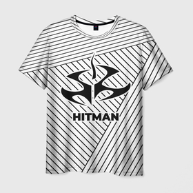 Мужская футболка 3D с принтом Символ Hitman на светлом фоне с полосами в Кировске, 100% полиэфир | прямой крой, круглый вырез горловины, длина до линии бедер | hitman | logo | глитч | игра | игры | лого | логотип | полосы | символ | хитман