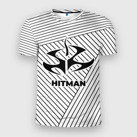 Мужская футболка 3D Slim с принтом Символ Hitman на светлом фоне с полосами в Новосибирске, 100% полиэстер с улучшенными характеристиками | приталенный силуэт, круглая горловина, широкие плечи, сужается к линии бедра | hitman | logo | глитч | игра | игры | лого | логотип | полосы | символ | хитман