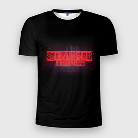 Мужская футболка 3D Slim с принтом с логотипом Stranger Things в Санкт-Петербурге, 100% полиэстер с улучшенными характеристиками | приталенный силуэт, круглая горловина, широкие плечи, сужается к линии бедра | netflix | stranger things | очень странные дела | сериалы | странные дела