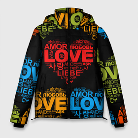 Мужская зимняя куртка 3D с принтом Love, Amor, Любовь   Неон версия в Новосибирске, верх — 100% полиэстер; подкладка — 100% полиэстер; утеплитель — 100% полиэстер | длина ниже бедра, свободный силуэт Оверсайз. Есть воротник-стойка, отстегивающийся капюшон и ветрозащитная планка. 

Боковые карманы с листочкой на кнопках и внутренний карман на молнии. | Тематика изображения на принте: love | любовь | надписи на разных языках | пёстрый | про любовь | разноцветный | сердечки | сердце