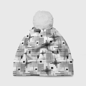 Шапка 3D c помпоном с принтом Черно белый ретро геометрический узор в Санкт-Петербурге, 100% полиэстер | универсальный размер, печать по всей поверхности изделия | black and white | pattern | retro | ретро | черно белый