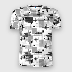 Мужская футболка 3D Slim с принтом Черно белый ретро геометрический узор в Тюмени, 100% полиэстер с улучшенными характеристиками | приталенный силуэт, круглая горловина, широкие плечи, сужается к линии бедра | black and white | pattern | retro | ретро | черно белый