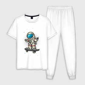 Мужская пижама хлопок с принтом космонавт  на скейте в Курске, 100% хлопок | брюки и футболка прямого кроя, без карманов, на брюках мягкая резинка на поясе и по низу штанин
 | Тематика изображения на принте: астронавт | космонавт | космос | скейт | скейтер