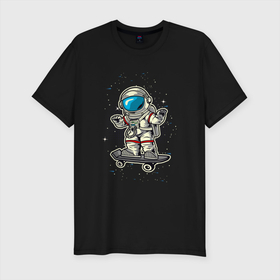 Мужская футболка хлопок Slim с принтом космонавт  на скейте в Курске, 92% хлопок, 8% лайкра | приталенный силуэт, круглый вырез ворота, длина до линии бедра, короткий рукав | астронавт | космонавт | космос | скейт | скейтер