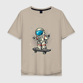Мужская футболка хлопок Oversize с принтом космонавт  на скейте в Кировске, 100% хлопок | свободный крой, круглый ворот, “спинка” длиннее передней части | астронавт | космонавт | космос | скейт | скейтер