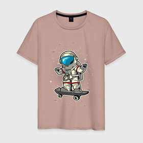 Мужская футболка хлопок с принтом космонавт  на скейте в Тюмени, 100% хлопок | прямой крой, круглый вырез горловины, длина до линии бедер, слегка спущенное плечо. | Тематика изображения на принте: астронавт | космонавт | космос | скейт | скейтер