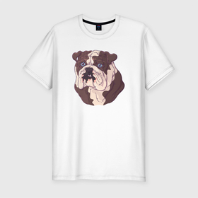 Мужская футболка хлопок Slim с принтом Морда бульдога DOG в Курске, 92% хлопок, 8% лайкра | приталенный силуэт, круглый вырез ворота, длина до линии бедра, короткий рукав | Тематика изображения на принте: довольный | довольный пес | пес | с высунутым языком | собака | собачка