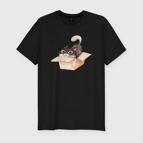 Мужская футболка хлопок Slim с принтом Котик сидит в коробке , 92% хлопок, 8% лайкра | приталенный силуэт, круглый вырез ворота, длина до линии бедра, короткий рукав | коробка | кот | кот в коробке | котенок | котик