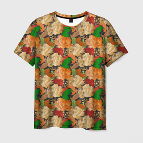 Мужская футболка 3D с принтом Бутоны и листья в Белгороде, 100% полиэфир | прямой крой, круглый вырез горловины, длина до линии бедер | abstract | абстракция | бутоны | геометрия | калейдоскоп | кл | линии | паттерн | текстура | узор | узоры | цветы