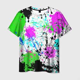 Мужская футболка 3D с принтом Неоновые разноцветные пятна и брызги красок в Санкт-Петербурге, 100% полиэфир | прямой крой, круглый вырез горловины, длина до линии бедер | abstract | neon | splatter | stains | абстрактный | брызги | неоновый | пятна | разноцветный