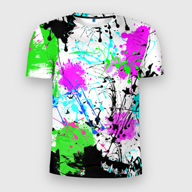 Мужская футболка 3D Slim с принтом Неоновые разноцветные пятна и брызги красок в Екатеринбурге, 100% полиэстер с улучшенными характеристиками | приталенный силуэт, круглая горловина, широкие плечи, сужается к линии бедра | abstract | neon | splatter | stains | абстрактный | брызги | неоновый | пятна | разноцветный