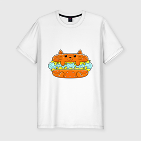 Мужская футболка хлопок Slim с принтом CAT BURGER в Тюмени, 92% хлопок, 8% лайкра | приталенный силуэт, круглый вырез ворота, длина до линии бедра, короткий рукав | бургер | гамбургер | еда | животное | кошки | милый | мяу | салат | сыр | фаст фуд