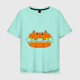 Мужская футболка хлопок Oversize с принтом CAT BURGER в Белгороде, 100% хлопок | свободный крой, круглый ворот, “спинка” длиннее передней части | бургер | гамбургер | еда | животное | кошки | милый | мяу | салат | сыр | фаст фуд
