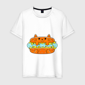 Мужская футболка хлопок с принтом CAT BURGER в Белгороде, 100% хлопок | прямой крой, круглый вырез горловины, длина до линии бедер, слегка спущенное плечо. | бургер | гамбургер | еда | животное | кошки | милый | мяу | салат | сыр | фаст фуд