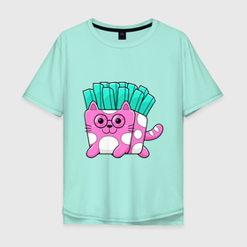 Мужская футболка хлопок Oversize с принтом CAT FRENCH FRIES в Курске, 100% хлопок | свободный крой, круглый ворот, “спинка” длиннее передней части | еда | жареный | забавный | картошка фри | милый | очаровательный