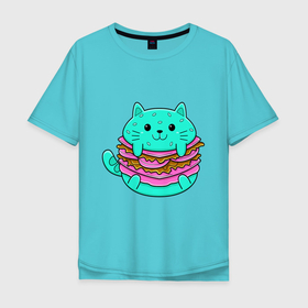 Мужская футболка хлопок Oversize с принтом CAT FAST FOOD в Тюмени, 100% хлопок | свободный крой, круглый ворот, “спинка” длиннее передней части | бургер | гамбургер | еда | забавный | милый | очаровательный | фаст фуд